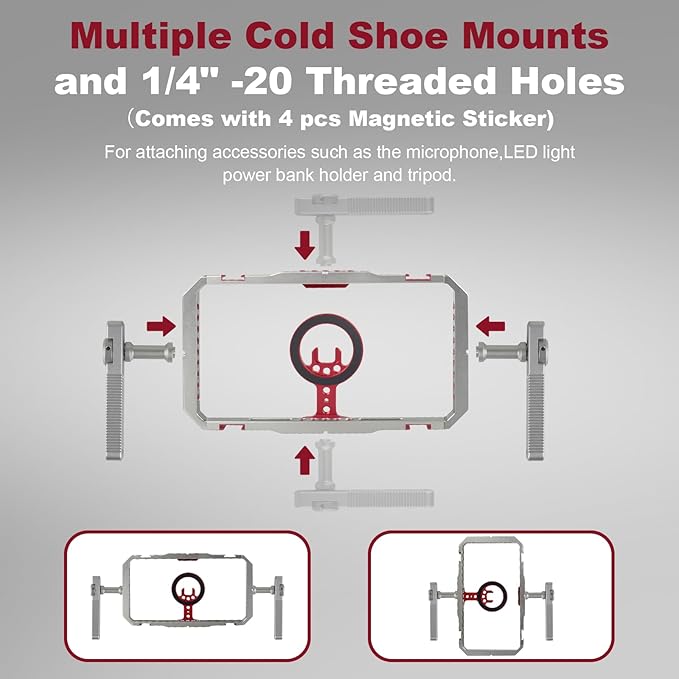 Magnetic Phone Cage with Handle,Smartphone Cage Kit with 360° Rotation Handgrip and Magnetic Sticker for Photography,Compatible with iPhone 17/16/15/14/13 Series and Andriod Phones (Silver+Red)