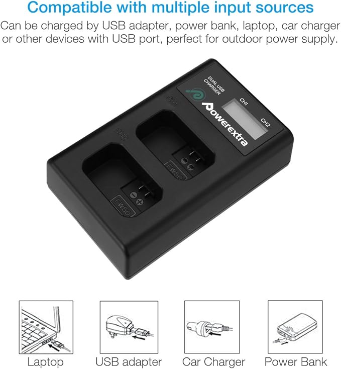 NP-FW50 Battery and Smart LCD Display Dual USB Charger Compatible for Sony ZV-E10, Alpha a6500, a6300, a6000, a7s, a7, a7s ii, a7s, a5100, a5000, a7r, a7 ii Camera