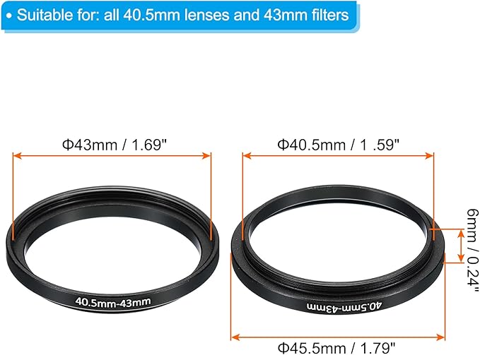 PATIKIL 40.5mm-43mm Metal Step Up Ring, 2 Pack Camera Lens Filter Adapter Ring Aluminum Filter Adapter Ring for Camera Lenses Hood, Black