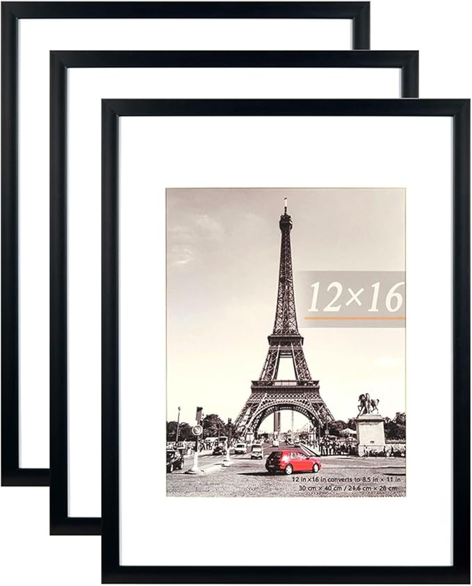 kennethan 12x16 Picture Frame Black 3 Pcs in 1 set 12x16 Frame can Display 8.5x11 inch Picture with Mat or 12x16 inch Picture Without Mat on the Wall