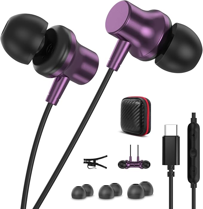 Jiunai USB C Earbuds for iPhone 17 16 Type C Wired Headphones Mic In Ear Buds Magnetic S M L Ear Tip Plug & Play HiFi Sound Corded Earphones for iPhone 15 Galaxy S26 S25 S24 for iPad Pixel 10 9 Purple