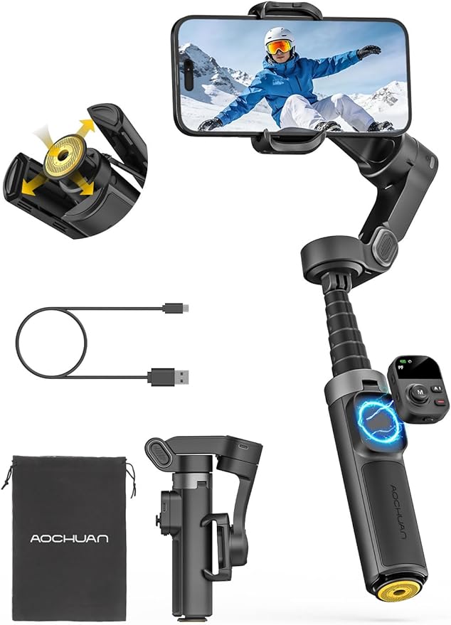 AOCHUAN 360° Pan Rotation Gimbal Stabilizer for iPhone, Magnetic Remote Control, 3-Axis Stabilizer w/Built-in Extension Rod & One-Touch Open Tripod, 3-in-1 Foldable Phone Gimbal for Vlogging, Travel