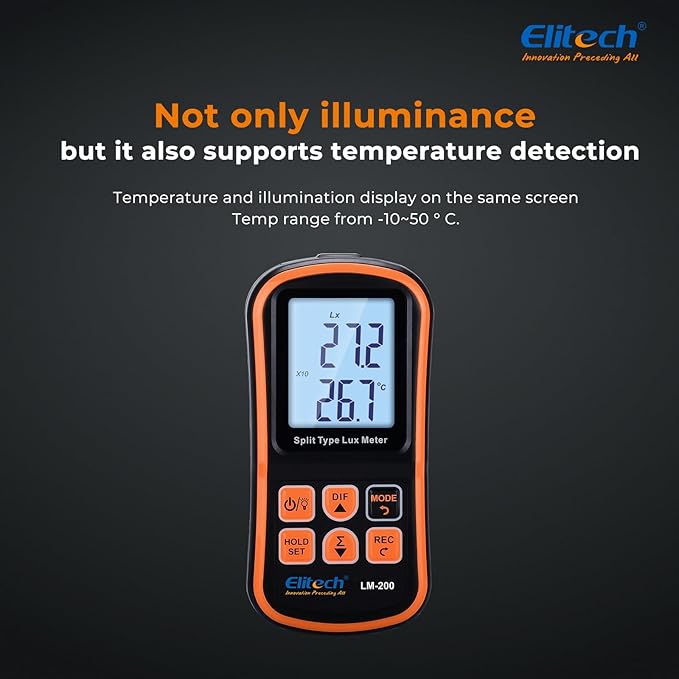 Elitech Digital Light Meter LM-200, Handheld Illuminance Meter with LCD Display, 200,000 Lux Range, Temperature Measurement