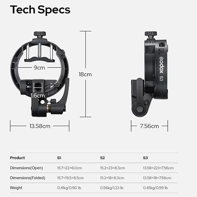 Godox S3 Speedlite Flash Bracket for AD200 Pro II, AD400Pro II, AD300Pro, for Godox V1 Pro, V100 Round Head Flash, V860III / TT685II/ TT350 Series, Tilts ±90° S-Type Bracket Bowens Mount Holder