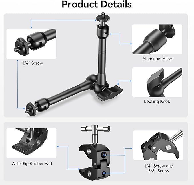 EMART 10inch Articulating Magic Arm Camera Mount with Super Clamp, Friction Power Adjustable Camera Mounts & Clamps with Magicarm and Cold Shoe for Photography/Videography/Webcam/Flash Light