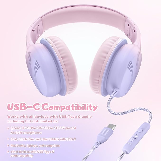 USB Type C Kids Headphones, Wired Headphones for Kids with Microphone 85/94dB Volume Limit, Stereo Sound Portable Over Ear Headphones for School/Travel/Tablet/iPad, Gradient Pink