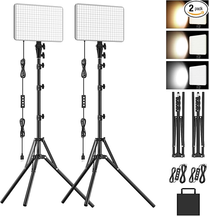 2-Pack LED Video Lighting Kit, Anautin 15W/1700Lux Photography Lighting with Tripod Stand, 2500-8500K Dimmable Streaming Light for Video Recording, Gaming, Podcast, Barber, Salon, TikTok, YouTube