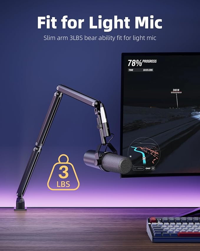 TODI Mic Arm for Lightweight Mics, Microphone Arm Rotatable, Storable Desk Mic Stand for Bear 3LB with Mount Clamp, Mic Stand Boom Arm with Cable Channel with 3/8'' 5/8'' Thread for Podcast, Gaming