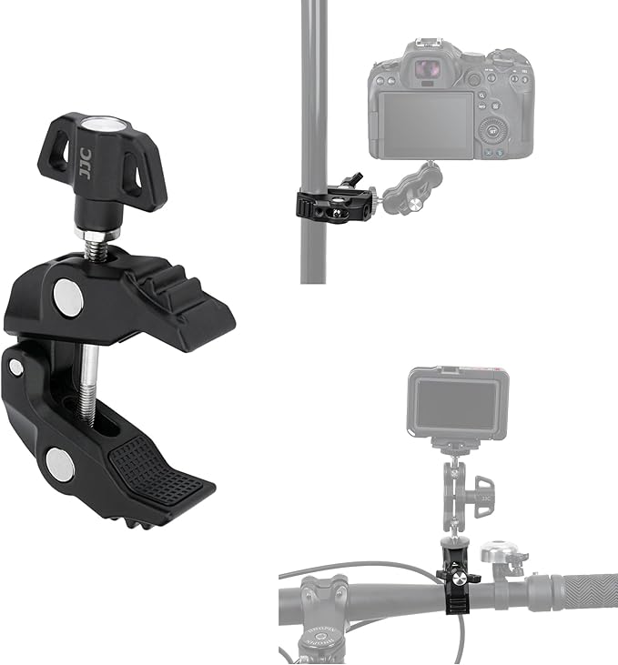 JJC Metal Super Camera Clamp Mount with 1/4"-20 and 3/8"-16 Thread Holes for Camera Clamp on Desk Bracket Handrail Trolley Round Tube for Vlog Shooting Video Recording Live Stream Selfie Photography