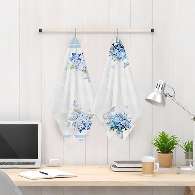 2Pcs Hydrangea Kitchen Towels 24x14 Inch, Spring Summer Flower Waffle Hand Towels for Kitchen Home Decor, White Absorbent Microfiber Dish Cloth Tea Towel, Housewarming Gifts for Women Mom Grandma
