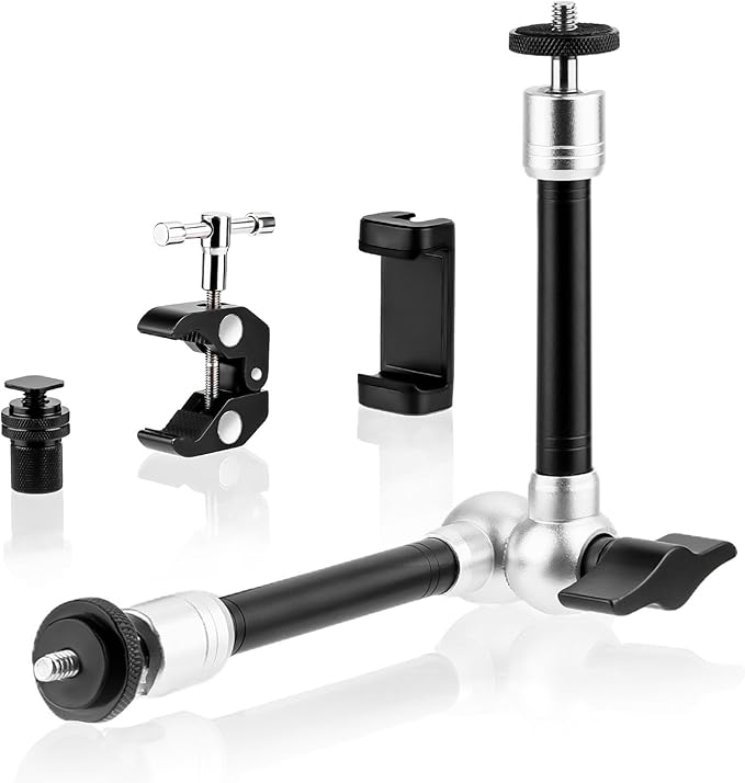 BRDRC Magic Arm Clamp Mount, 9.8" Articulating Extension Arm with 1/4" and 3/8" Thread, with Cold Hot Shoe Adapter, Phone Holder for Tripod DSLR Camera Cage LCD Monitor LED Light Accessories
