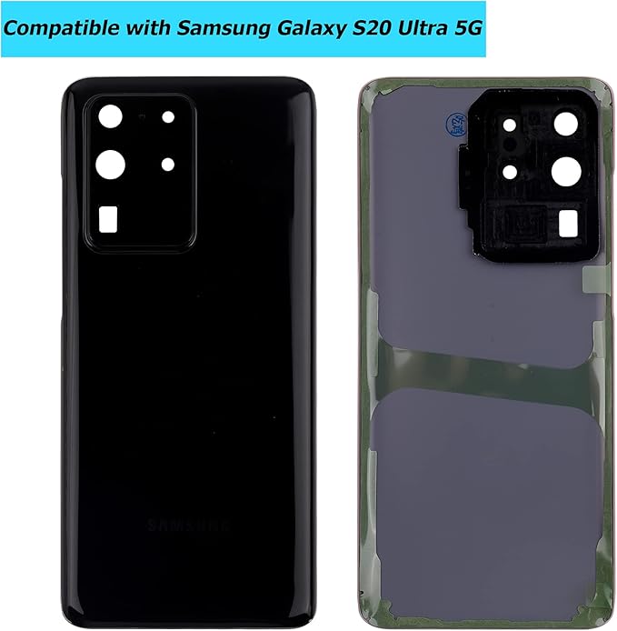 Replacement Battery Door Cover Back Cover Kompatibel for Samsung Galaxy S20 Ultra 5G SM-G988B SM-G988N SM-G988U SM-G988W Cosmic Black Akkudeckel with Camera Lens and Waterproof Glue
