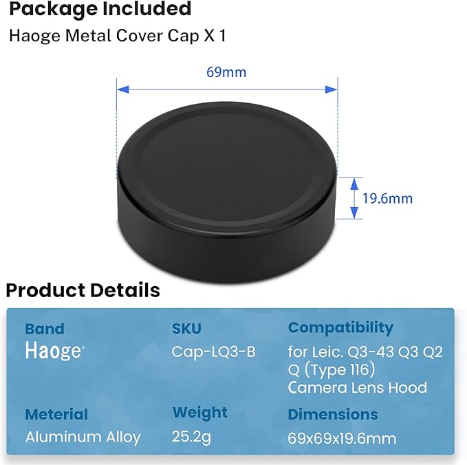 Haoge Metal Front Lens Cap Cover for Leica Q3 Q3-43 Q2 Q Type 116 Type116 Digital Camera Accessories Black