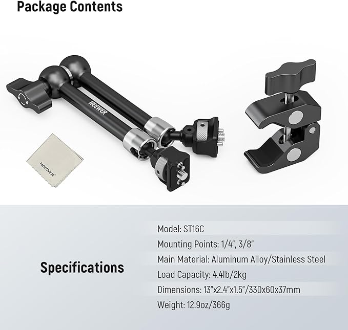 NEEWER ST16C 11" Articulating Magic Arm Super C Clamp Kit, Camera Monitor Mount with 1/4" & 3/8" for ARRI, Cleaning Cloth Compatible with SmallRig DSLR Action Camera Cage Video Light