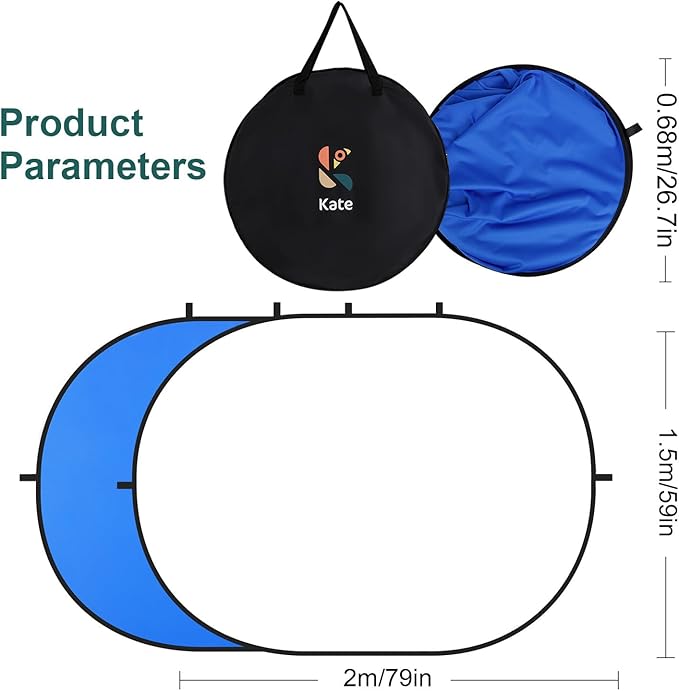 Kate 5x6.5ft(1.5x2m) Collapsible Backdrop Self Tape White Blue Twist Flex Folding Pop up Backgrounds for Photoshoot, Headshots Photo, Video Calls