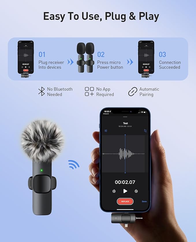 3-in-1 Mini Microphone for iPhone: Wireless Lavalier Microphone with 80ft Range & 15H Battery - Noise Reduction Lapel Mic, Real-Time Monitoring for Video Recording, Vlog, YouTube