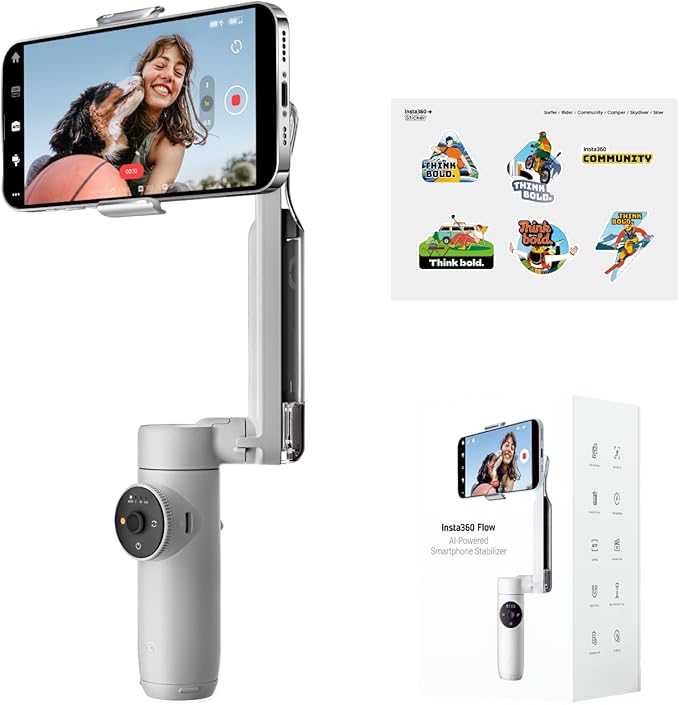Insta360 Flow Gimbal Stabilizer for Smartphone, Official Sticker Kit - AI-Powered Gimbal, 3-Axis Stabilization, Built-in Tripod, Portable & Foldable, Auto Tracking Phone Stabilizer, Stone Gray