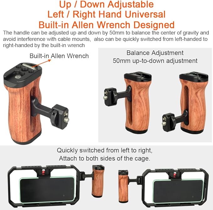 Wooden Camera Cage Side Handle Grip with 1/4" Screw Locating Mount for ARRI, Mini Side Handle for Smartphone Cage Video Rig and Action Camera Cage Compatible with Gopro/Insta360/DJI Osmo