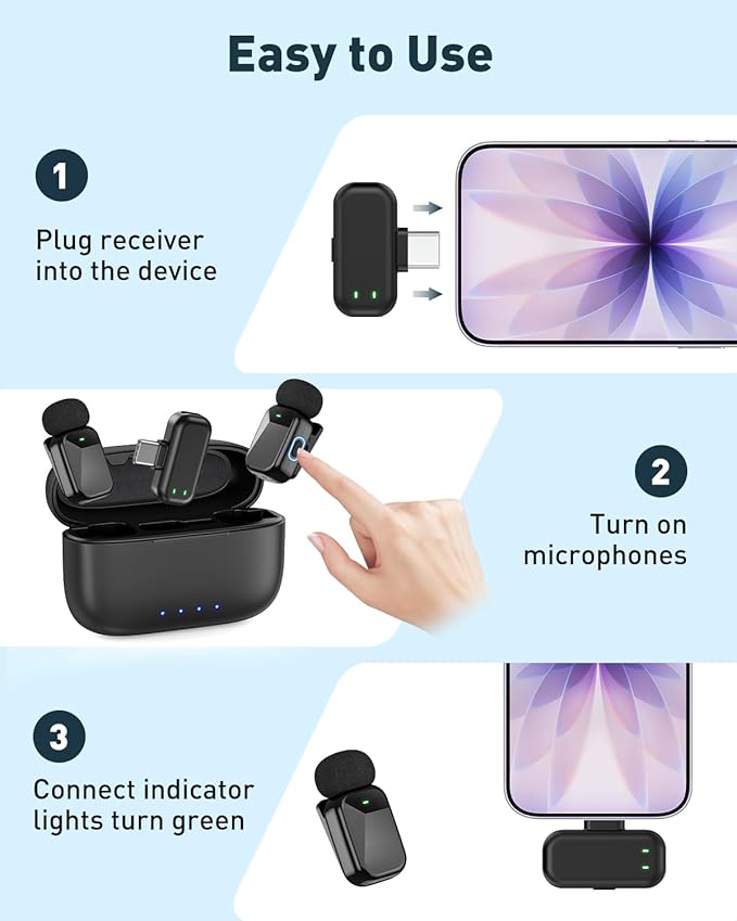 PoP voice Mini Wireless Lavalier Microphone for iPhone 15/16/17 & Android, Lapel Mic with Noise Reduction, 30H Battery Life with Charging Case, Lav Mic for iPhone Vlogging, Video Recording, Podcast