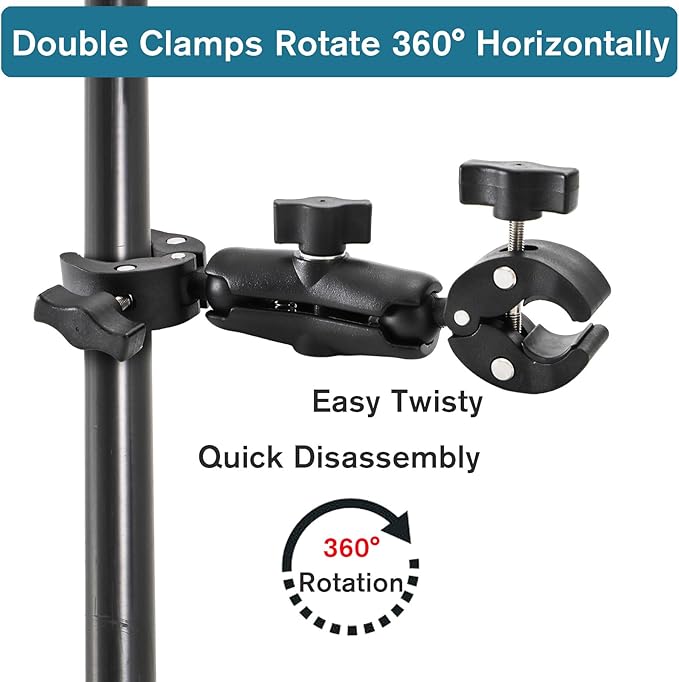 Foraineam Double Mount Camera Clamp Bracket, Umbrella Mount Motorcycle Bike Handlebar Clamps, Super Clamp Monitor Magic Arm, Crab Plier Clip for Desktop, Wagon, Selfie Stick, Photo Studio Light Stand