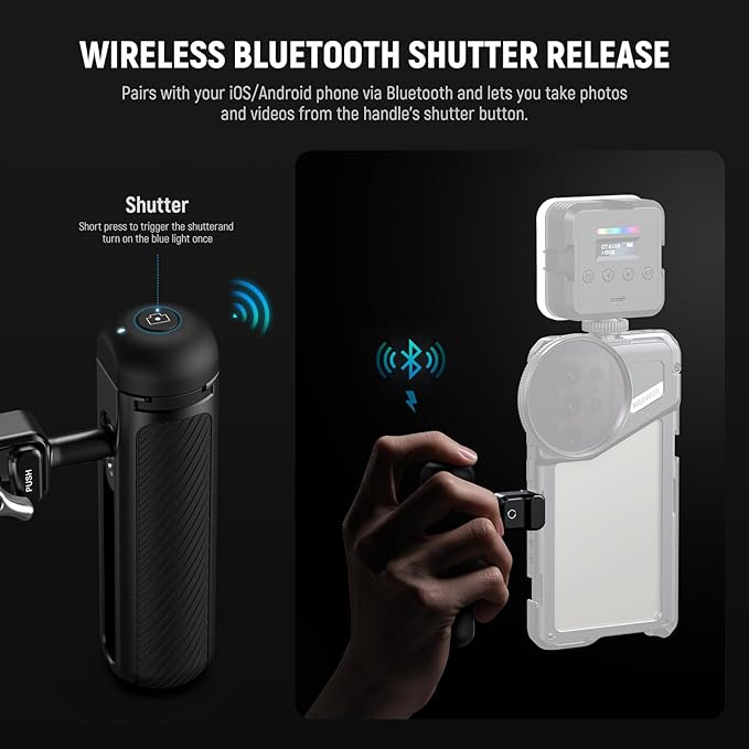 NEEWER PA045E Side Handle with Bluetooth Remote Shutter, Quick Release Clamp, Anti Off Cold Shoe for NEEWER 2nd Gen Phone Cage for 15 Pro/15 Pro Max/S24 Ultra, Silver Lock