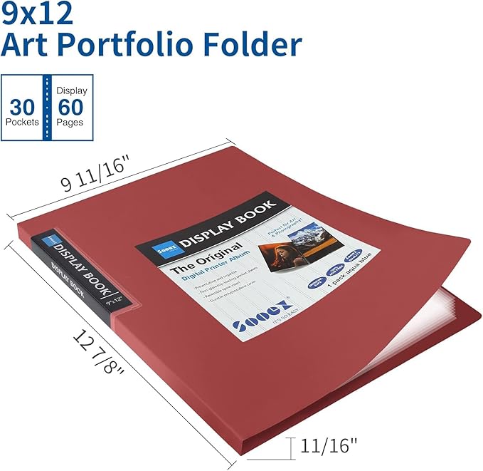 Sooez 30-Pocket Binder with Plastic Sleeves 9x12 (Red), Heavy Duty Art Portfolio Folder with Clear Sheet Protectors, Display 60 Pages, Presentation Book for Artwork, Document Organizer Binder