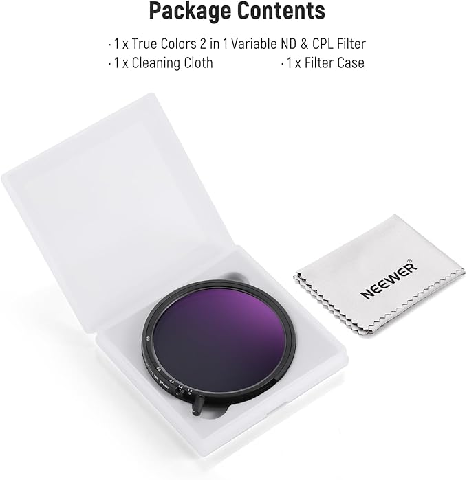 NEEWER 67mm True Colors Variable ND Filter ND2-ND32 & CPL, 2 in 1 Adjustable Neutral Density and Circular Polarizing Filter, Multi Coated HD Optical Glass/Aluminum Frame