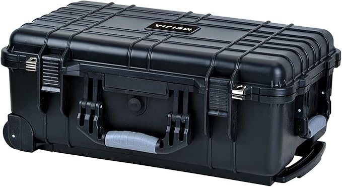 MEIJIA All Weather Rolling Waterproof Protective Case, Hard Camera Case,Dry Case with Retractable Pull Handle and Wheels,Foam Inserted, Elegant Black,22 x13.81x9inches