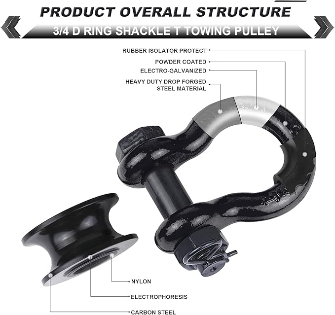 Upgraded Snatch Block, 3/4" D Ring Shackle (2 Pack) 22,000lb Break Strength with Towing Pulley, Heavy Duty Offroad Recovery Accessory for Truck, Tractor, ATV & UTV - Black