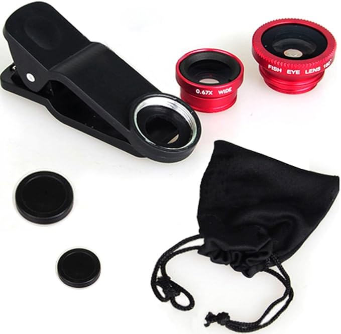 KINGMAS 3 in 1 Universal Fish Eye Lens, Macro Clip Lens Wide-Angle Camera Lens Kit for iPad iPhone Samsung Android and Most Smartphones (Red)