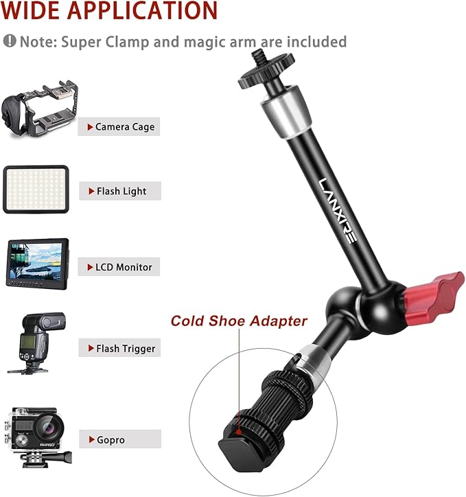 9 Inch Adjustable Magic Arm with Super Clamp and Cold Shoe Adapter - Compatible Photography Accessories - Max Load 4.4lb/2kg
