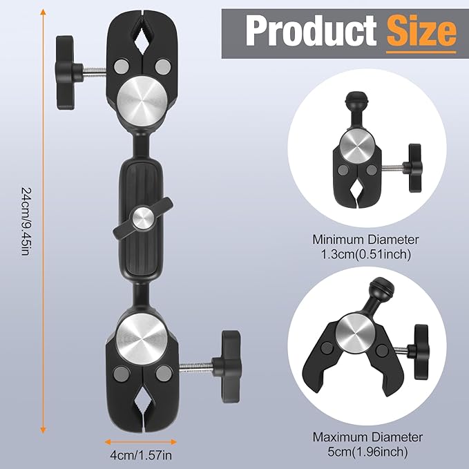 Super Clamp Double Camera Mount with 1/4 Inch Screw Adapter Clip Bracket Magic Arm Dual Ball Head for Motorcycle Chair Pole Tripod Light Stand Photo Boom Stand Cross Bars