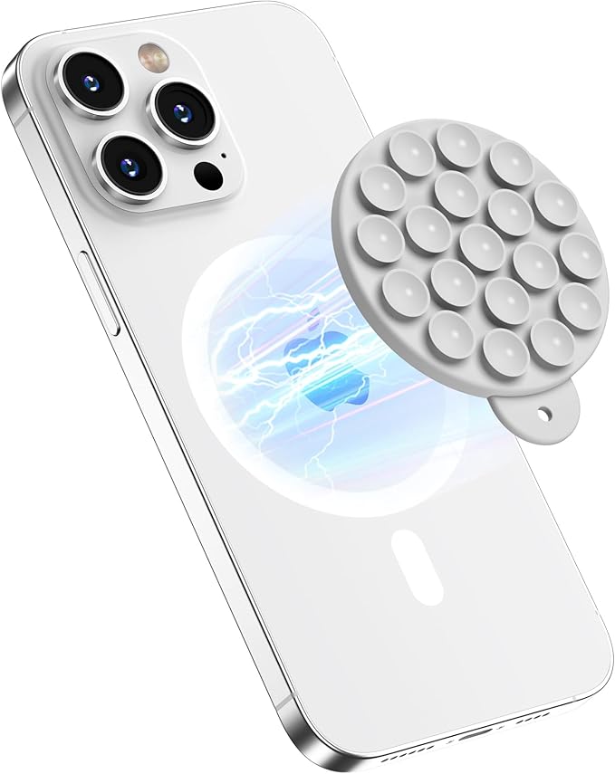Magnetic Suction Cup Phone Mount with MagSafe, Silicone Hands-Free Grip Holder for iPhone Case and Android, Mirror Shower Phone Stand for Makeup FaceTime Gym Kitchen Bathroom, Light Gray
