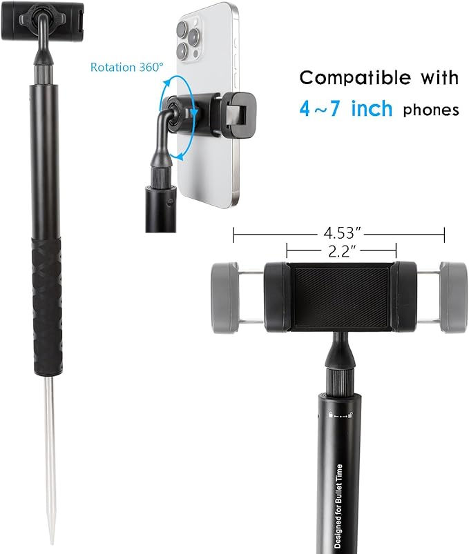 Ground Golf Monopod Phone Stand Holder with Spike Stake, 46" Extendable Selfie Stick & Universal 1/4" Screw - Record Stable Hands-Free Golf Swing Videos for magsafe and All Smartphones
