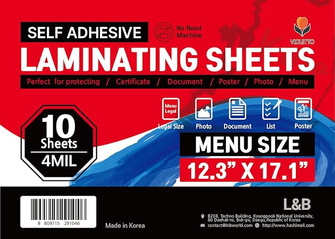 VIOLETTO Self Adhesive Laminating Sheets 12.3x17.1 inch, 20 Pack, 4mil Thickness, No-Machine Needed, QuickPeel, Instashield, Stick&GO (10 Sheets, Menu Size 4mil)