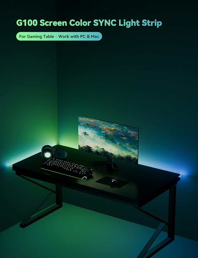 RGB Backlight for PC & Mac, LED Strip Light Sync with Screen Color or Music, Stick to The Edge of Your Desk, LEDs for Desk Gaming, USB Port, Software Control, 7.88ft / 2.4m