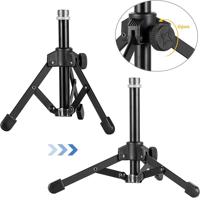 Microphone Stand Desk, BILIONE Portable Foldable Tripod with Mic Clip Holder Adjustable Desktop Microphone Stand for Dynamic Microphone