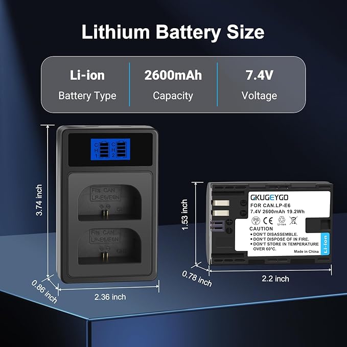 2-Pack LP-E6 LP-E6N Battery and Dual Slot Charger for Canon EOS R7, R6, R5, R, 6D Mark II, 5D Mark IV, 5D Mark III, 5DS, 5DS R, 5D Mark II, 80D, 90D, 6D, 7D, 7D Mark II, C700, XC10, XC15 Camera