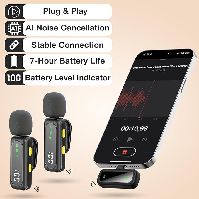 PowerDeWise Wireless Lavalier Microphone for iPhone, Android, DSLR – Dual Clip-on Mics with Magnetic Clip, Plug & Play, Noise Reduction