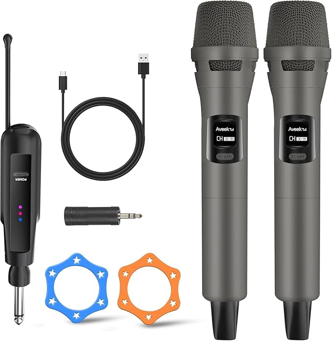 Aveek Wireless Microphone System, 2 Rechargeable Mics and Receiver, Plug & Play for Karaoke Machine, Party Speakers, Home Entertainment, Wedding & Events - Crystal Clear Sound, 100ft Range