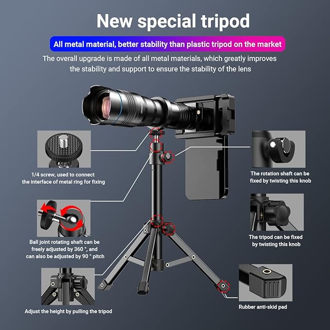 APEXEL 36x Telephoto Lens for iPhone | Professional Enhanced Phone Camera Lens Compatible with iPhone 16 15 14 13 Pro Max, Samsung, Pixel - Includes Tripod