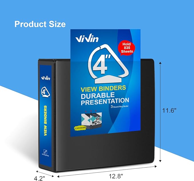 ViVin Durable 4 inch D Ring View Binder, Large 4" Slant-D Ring with 835-Sheet Capacity, Fit 8.5" x 11" Paper, 2 Pack(Black)