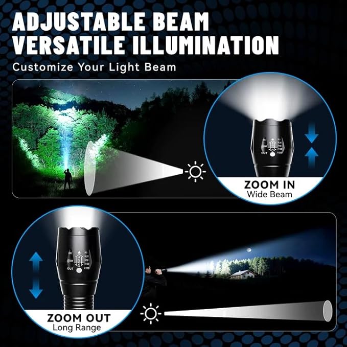 VIBELITE LED Flashlight High Lumens, 5 Modes Zoomable Waterproof Tactical Flashlight for Hiking, Camping Emergency, Cool Gadget Valentines Day Gifts for Him, Men, Teen Boys, Husband, Dad, 2 Pack