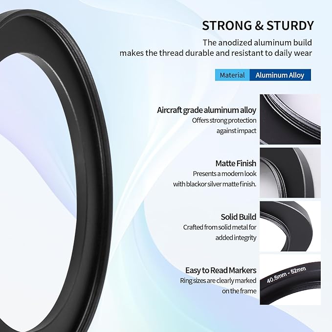 40.5-52mm Step-Up Ring Adapter, 40.5mm to 52mm Step Up Filter Ring for 40.5mm Lens Mount 52mm for DSLR Lenses and ND UV CPL IR Filters （40.5-52mm）
