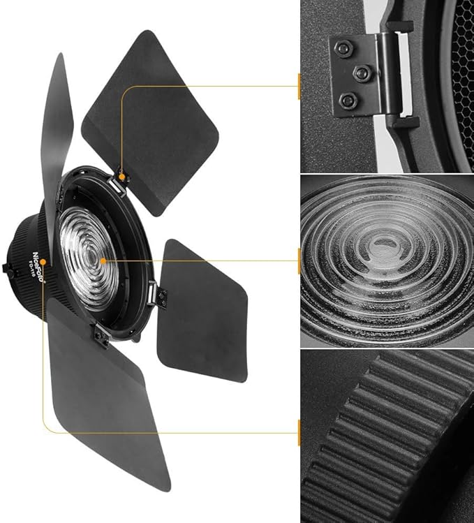 NiceFoto Fresnel Lens Fresnel Mount with Honeycomb Grids Barn Doors for Bowens Mount LED Video Light for Aputure Light Storm 300D II 120D II Mark 2 COB 120T 120D 120D ii LS C120 Series, HA-3300B