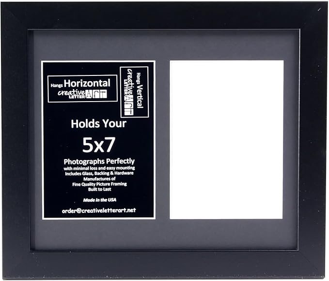 Creative Letter Art - 2 Opening 5x7 Black Picture Frame with 10x12-inch Black Mat Collage including Full Strength Glass, Alphabet Photography