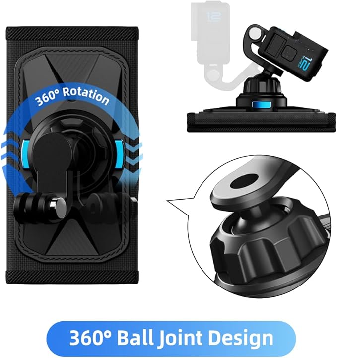 SUREWO Magnetic Backpack Mount,360° Backpack Shoulder Strap Mount with Universal Ball J Hook Compatible with Go Pro Hero 13/12/11/10/9/8/7/6/5 Black,DJI Osmo Action 5 pro/4/3 and More