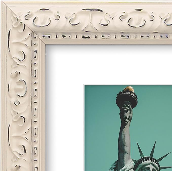 11x14 in Distressed Wood Off-white Vintage Antique Farmhouse Picture Frame, Museum Grade Off White Mat 8x10, Real Glass Protection, Wall Hanging Photo Display, Washed White