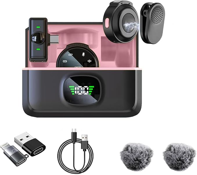 2 Pack Wireless Lavalier Microphone for iPhone 15, Android, USB C, ipad with Adapter Included, Noise Cancellation Mini Lapel Mic for YouTube, Recording, Vlog, Facebook Live Streaming (Pink)