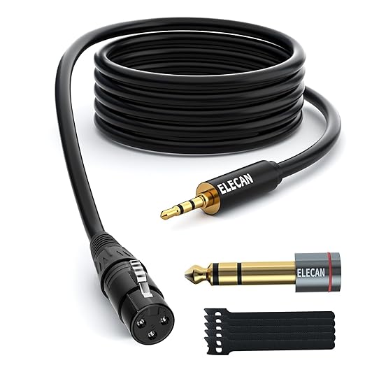 Elecan 3.5mm (1/8 Inch) TRS Aux Male to XLR Female Cable 8 Ft, Balanced Professional Shielded Stereo Microphone Cable Cord, Gold Plated for DSLR Camera Mixer Headphones with 3.5 to 6.35mm Adapter+Ties